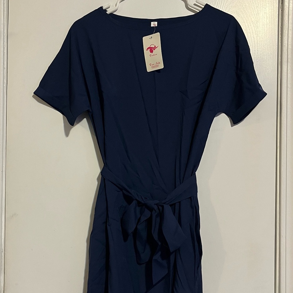 Blue Crew Neck Dolman Sleeve Sheath Dress